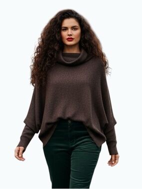 Bluivy Slouchy Mock Neck Dolman Sleeve Ribbed Knit Sweater - Brown - Size M